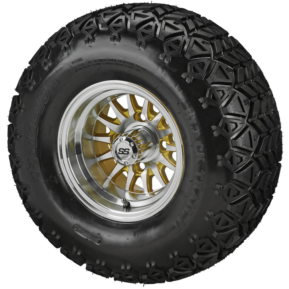 LSI 10" 14-Spoke Gold & Machined Wheel and Lifted Tire Golf Cart Combo | RM Cart