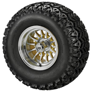 LSI 10" 14-Spoke Gold & Machined Wheel and Lifted Tire Combo