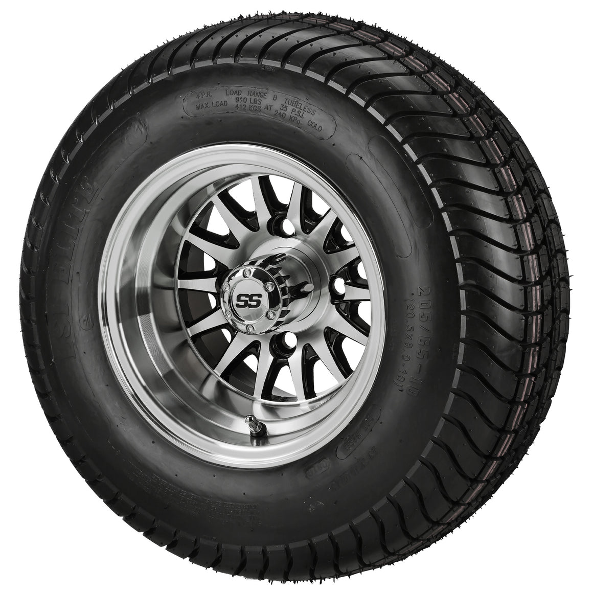 LSI 10" 14-Spoke Black & Machined Wheel and Low Profile Tire Golf Cart Combo | RM Cart