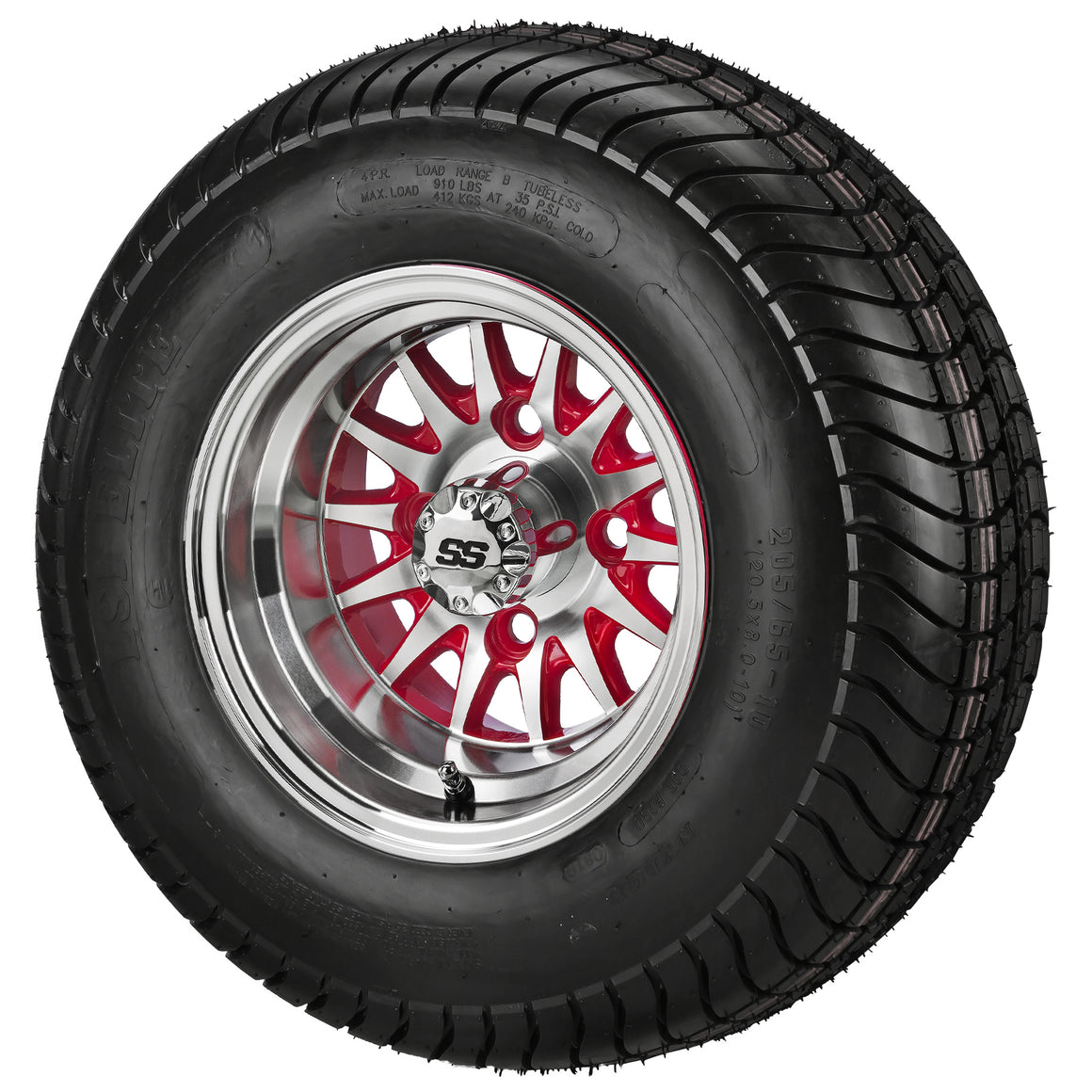 LSI 10" 14-Spoke Red & Machined Wheel and Low Profile Tire Golf Cart Combo | RM Cart