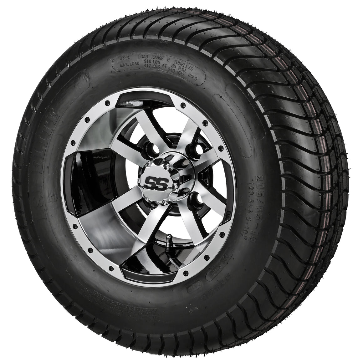 10" Maltese Cross Black & Machined Wheel and Low Profile Tire Golf Carr Combo | RM Cart