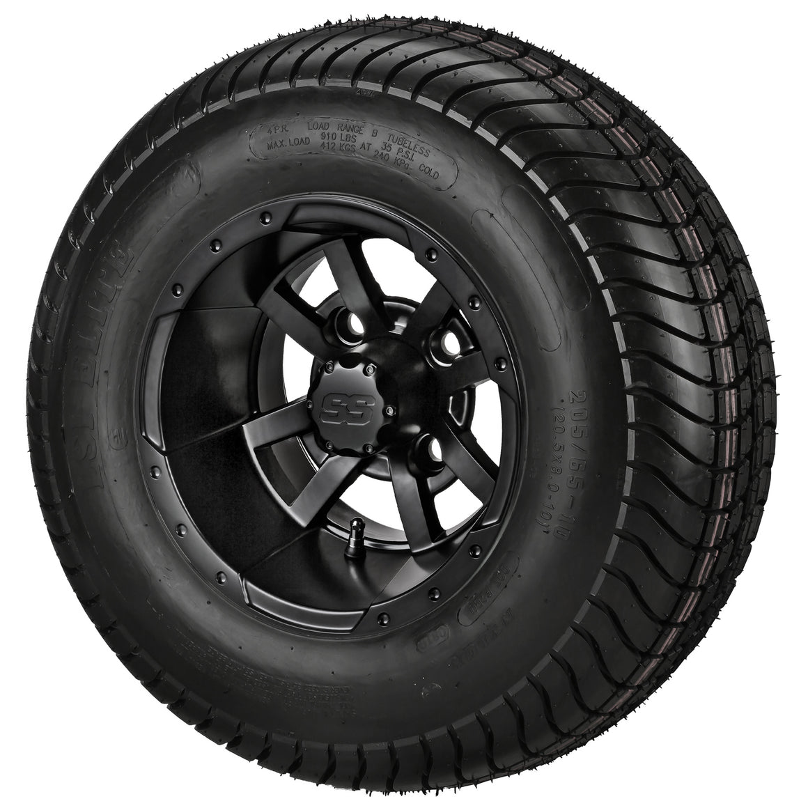 10" Maltese Cross Matte Black Wheel and Low Profile Tire Golf Cart Combo | RM Cart