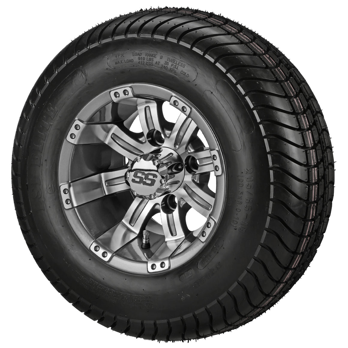 10" Casino Gun Metal Gray & Machined Wheel and Low Profile Tire Golf Cart Combo | RM Cart
