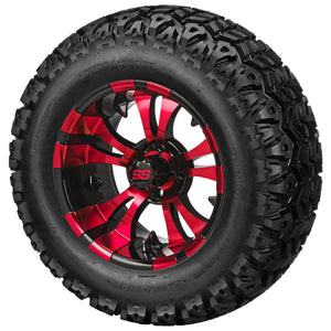 Off-road golf cart tire with red and black rim on a white background / RM CART