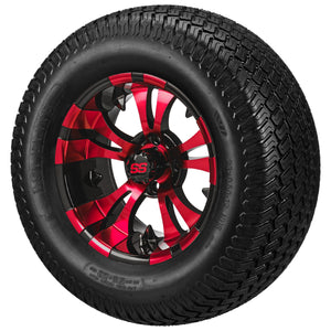 Black golf cart tire with red and black rim on a white background / RM Cart 