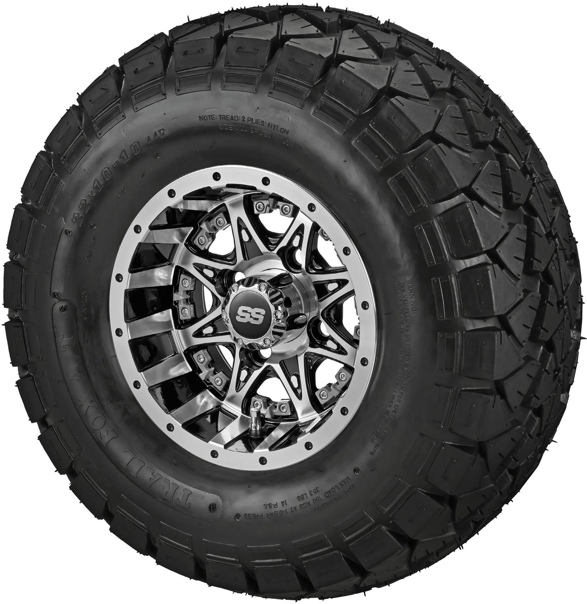 10" Revenge Black/Machined on 22x10.00-10 Trail Fox A/T Tire