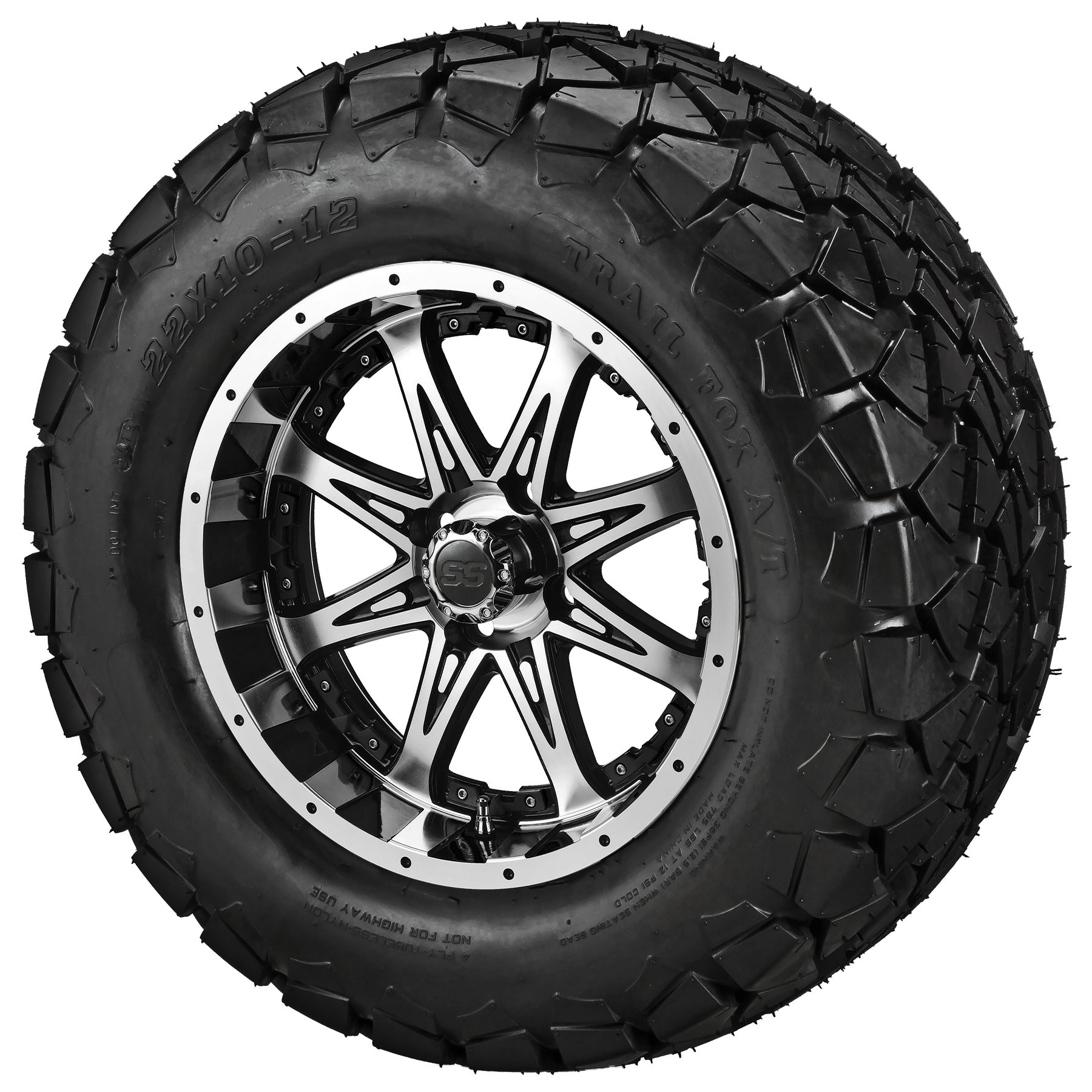 12" Revenge Black/Machined Wheel on a 22x10.00-12 Trail Fox A/T Tire w/Colored Inserts