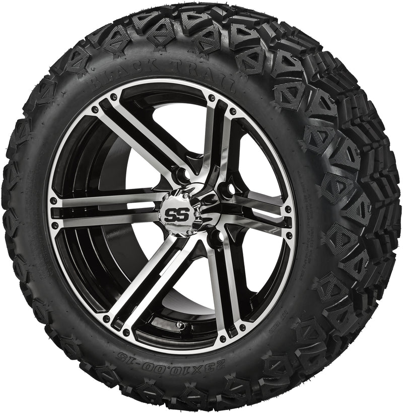 15" Yukon Black/Machined on 23x10.00-15 Black Trail Golf Cart Tires