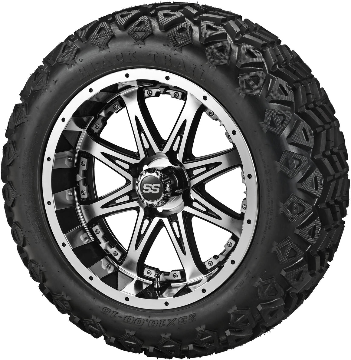 15" Revenge Black/Machined w/Colored Inserts on 23x10.00-15 Black Trail Tires Combo