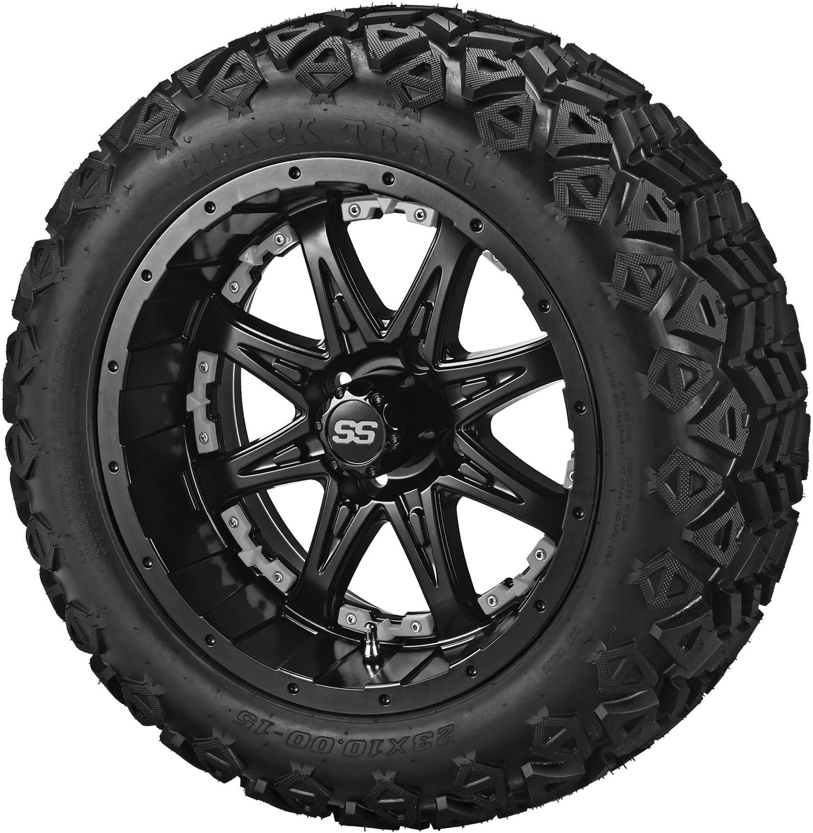 15" Revenge Matte Black w/ Colored Inserts on 23x10.00-15 Black Trail Tires Combo
